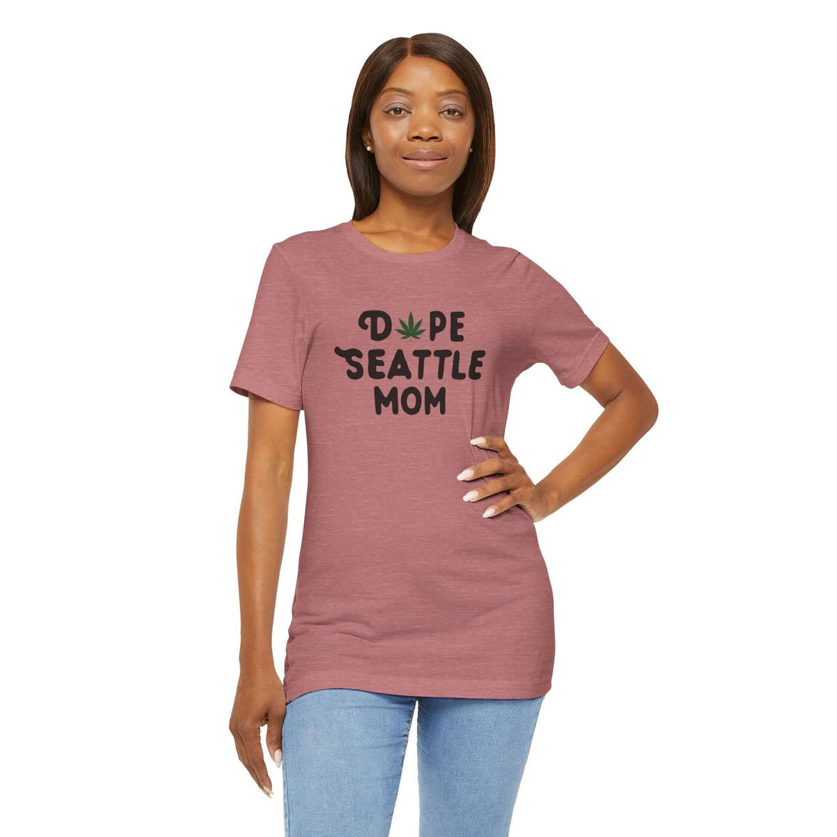 Model wearing a Dope Seattle Mom Premium Soft Tee with marijuana leaf design, perfect for cool Seattle moms.
