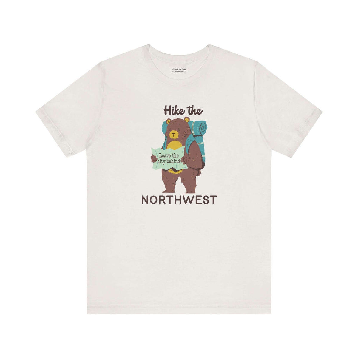 Hike the Northwest T Shirt featuring a bear with a backpack and map, perfect for outdoor adventures.