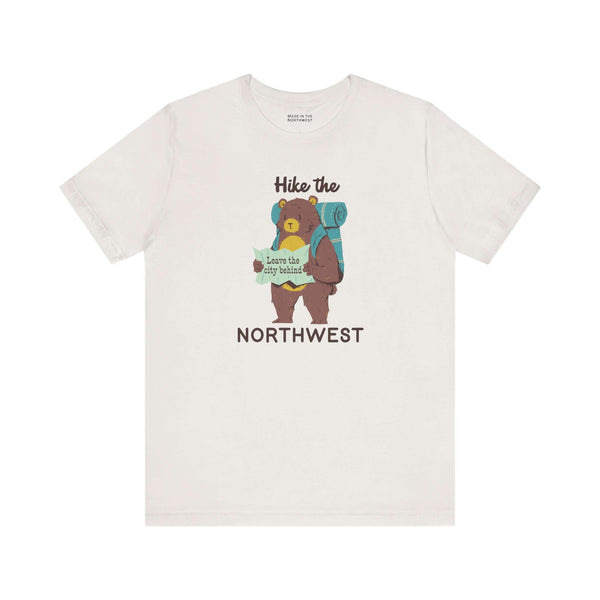 Hike the Northwest T Shirt featuring a bear with a backpack and map, perfect for outdoor adventures.
