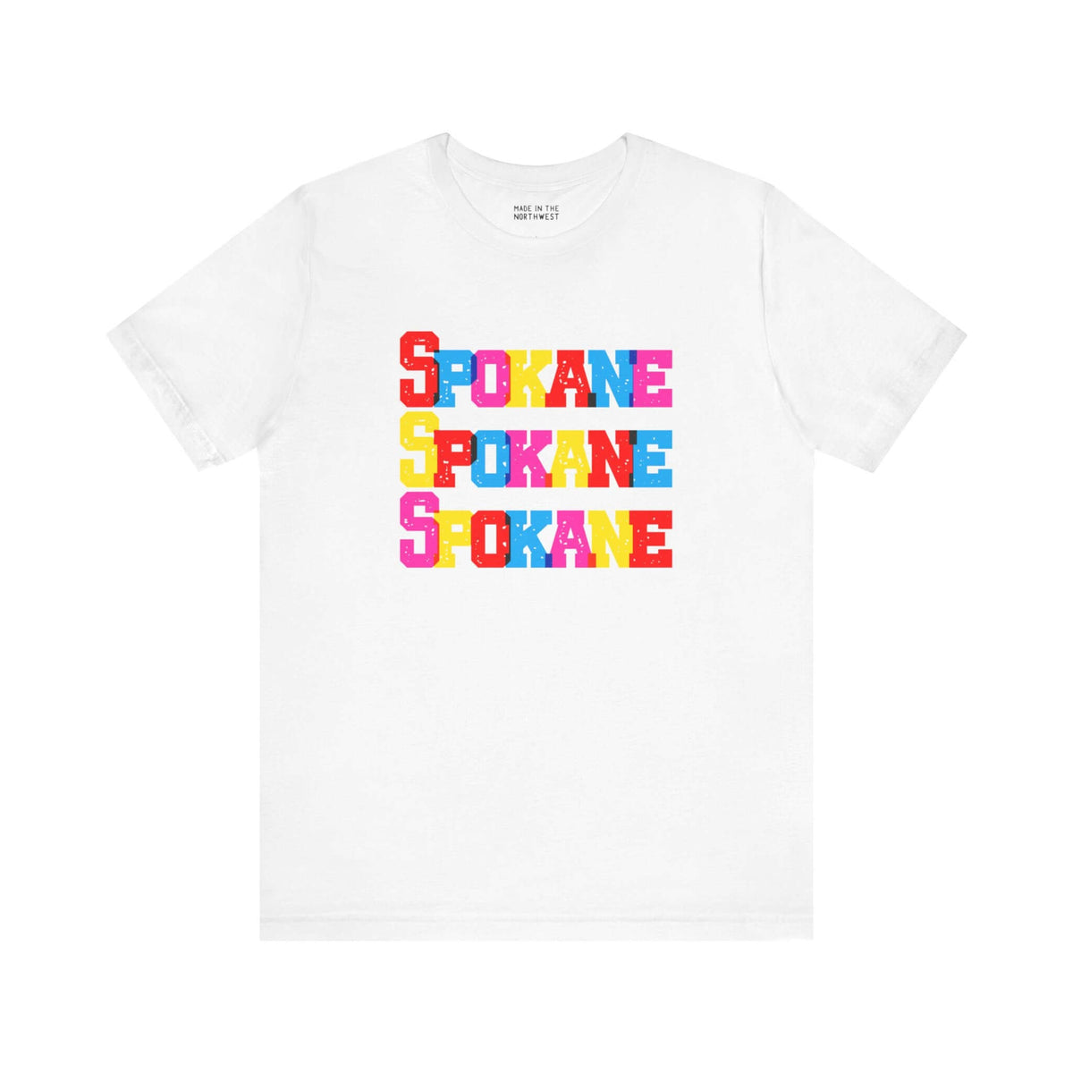 Bold Spokane soft tee with colorful block-letter design, perfect for fans of Lilac City, available in multiple colors.