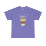 Purple athletic tee with coffee cup design and text 'Today's good mood sponsored by coffee'.