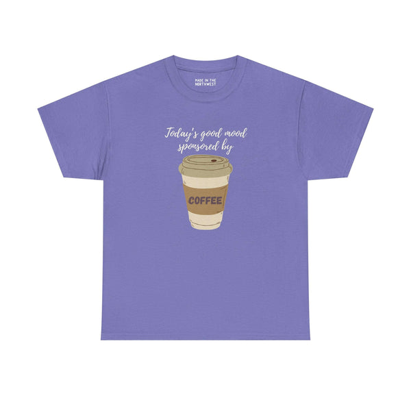 Purple athletic tee with coffee cup design and text 'Today's good mood sponsored by coffee'.