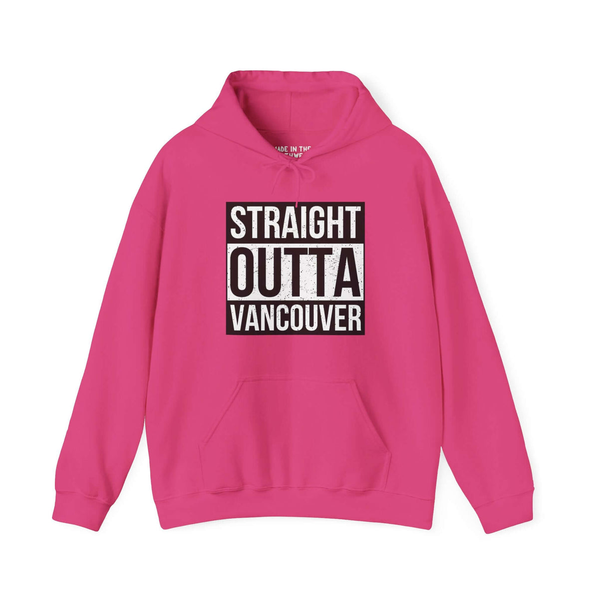 Pink "Straight Outta Vancouver" hoodie with bold black and white print design, streetwear fashion supporting Vancouver pride.