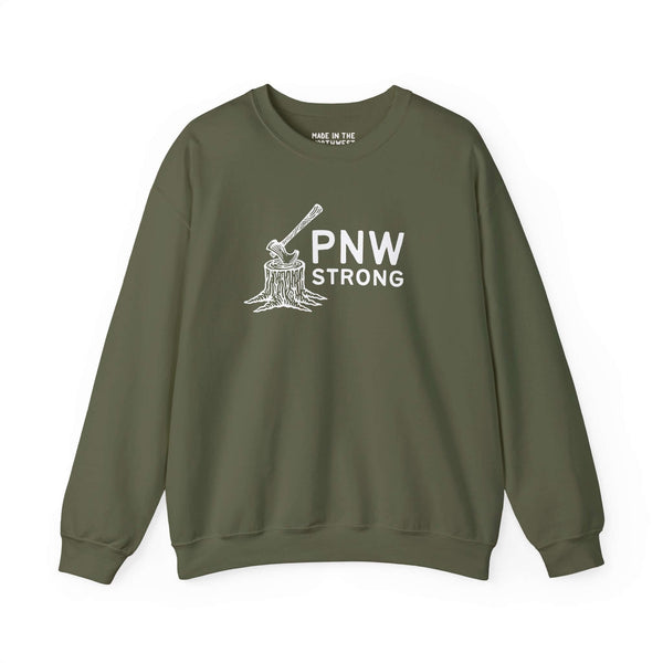PNW Strong Crewneck Sweatshirt featuring axe-in-stump design, perfect for Pacific Northwest enthusiasts.