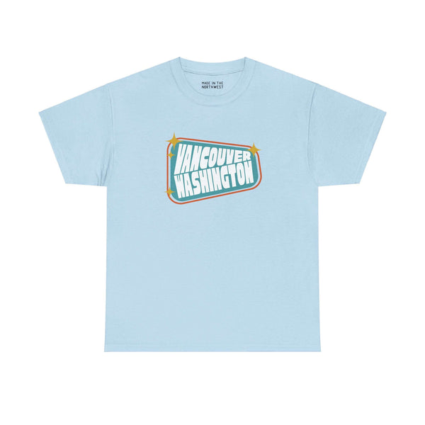 Light blue retro tee featuring a vintage Vancouver Washington sign design with bold colors and nostalgic mid-century style.