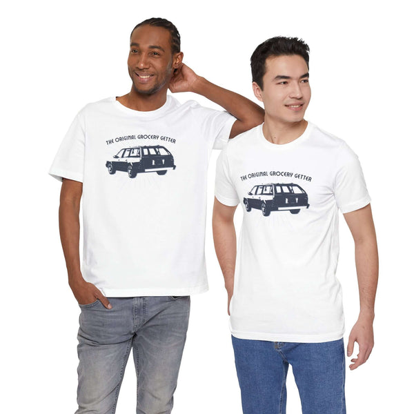 Two men wearing The Original Grocery Getter Premium Soft Tee featuring the classic Oldsmobile Cutlass Cruiser Wagon.