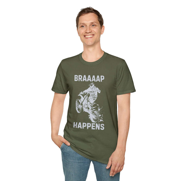 Man wearing Braaaap Happens motocross softstyle t-shirt in olive green, showcasing dirt bike graphic and text.
