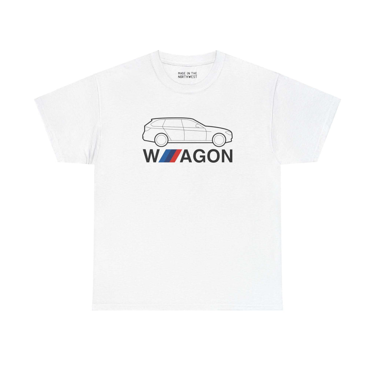 White athletic t-shirt featuring a silhouette design of an F31 BMW wagon, perfect for car enthusiasts and fans of classic wagons.