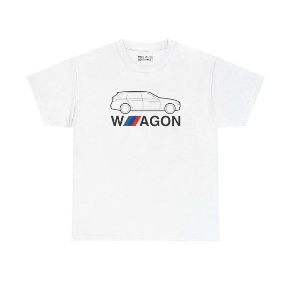 White athletic t-shirt featuring a silhouette design of an F31 BMW wagon, perfect for car enthusiasts and fans of classic wagons.