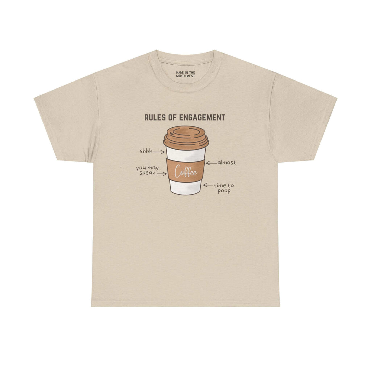 Coffee Edition Athletic Tee with cup design, illustrating humorous morning coffee rules, perfect for coffee lovers in the PNW.