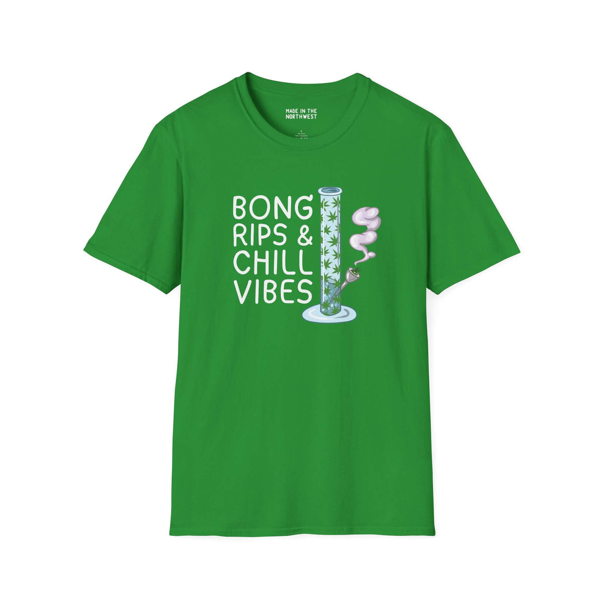 Green softstyle t-shirt featuring 'Bong Rips & Chill Vibes' graphic, perfect for relaxed days and good company.