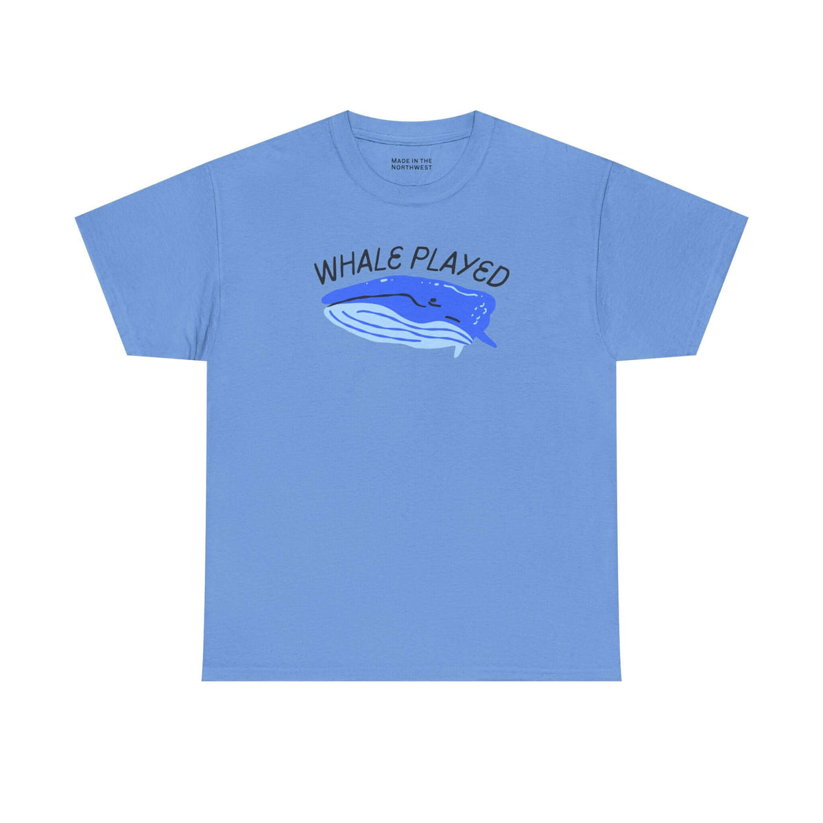 Whale Played Tee in light blue featuring a playful whale illustration and humorous text.