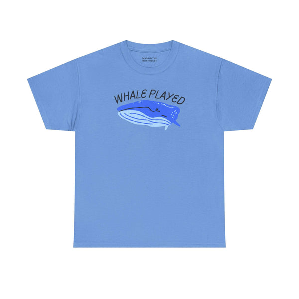 Whale Played Tee in light blue featuring a playful whale illustration and humorous text.