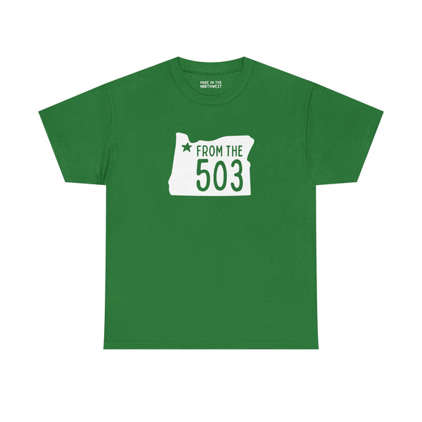 Green Oregon state athletic tee with "From the 503" and a star marking Portland, perfect for Portland locals.