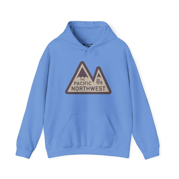 Blue hoodie featuring "Pacific Northwest" mountain design, showcases style with nature-inspired theme for outdoor enthusiasts.