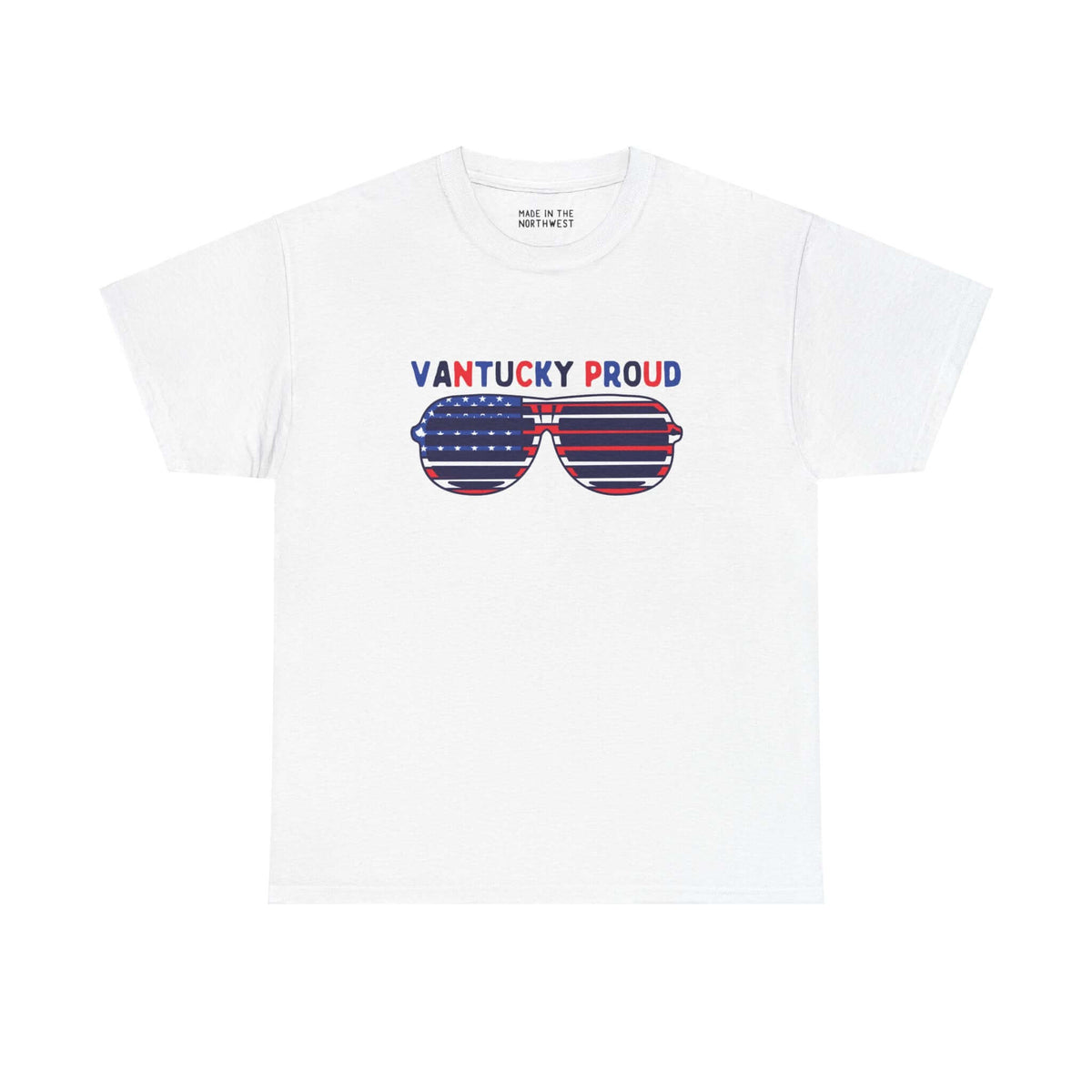 "White Vantucky Proud tee with American flag sunglasses design, showcasing local pride and Fourth of July flair."