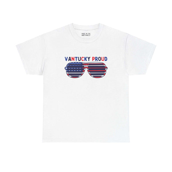 "White Vantucky Proud tee with American flag sunglasses design, showcasing local pride and Fourth of July flair."