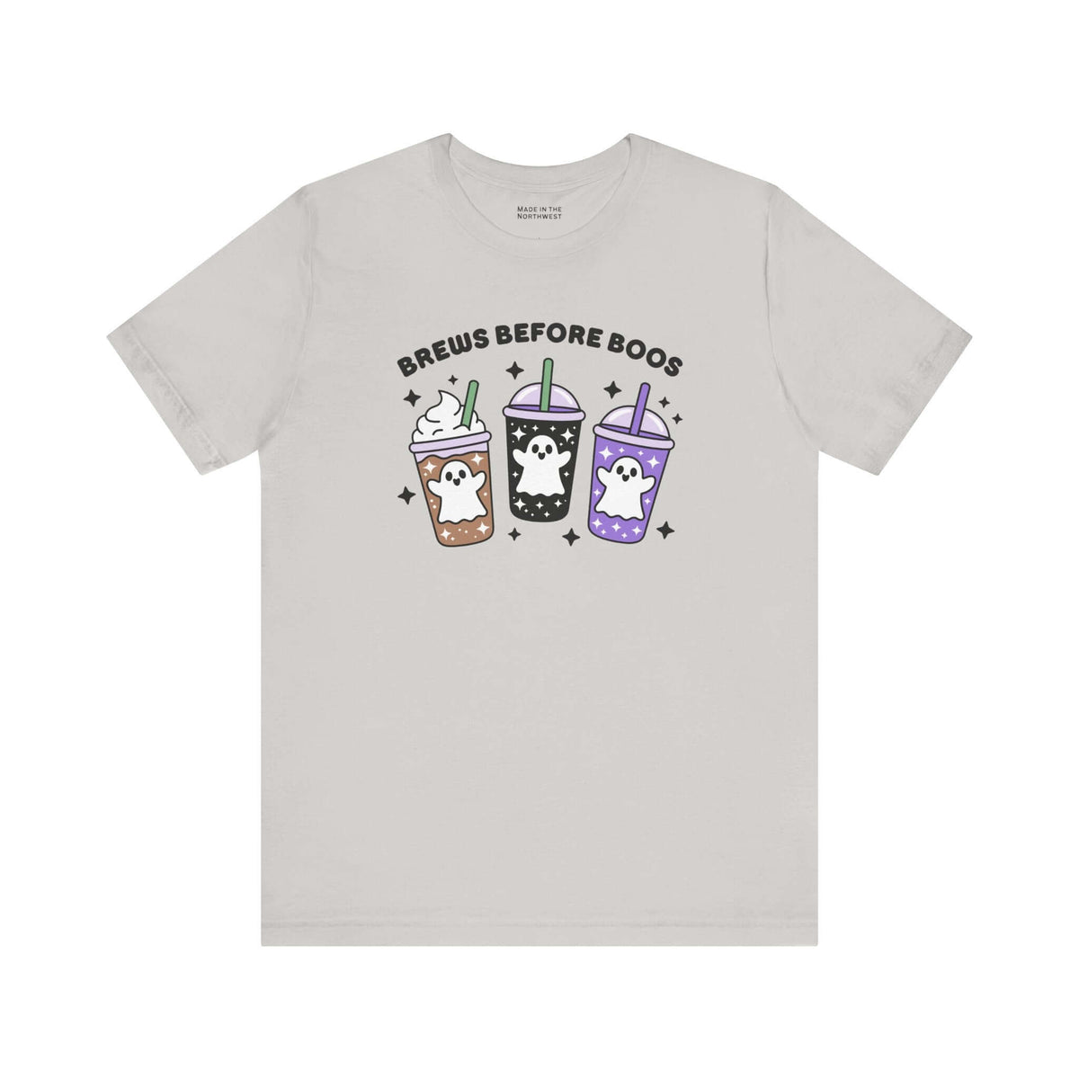 Brews Before Boos Halloween Coffee Premium Soft Tee featuring ghost-themed iced coffees design.