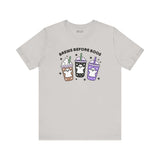 Brews Before Boos Halloween Coffee Premium Soft Tee featuring ghost-themed iced coffees design.