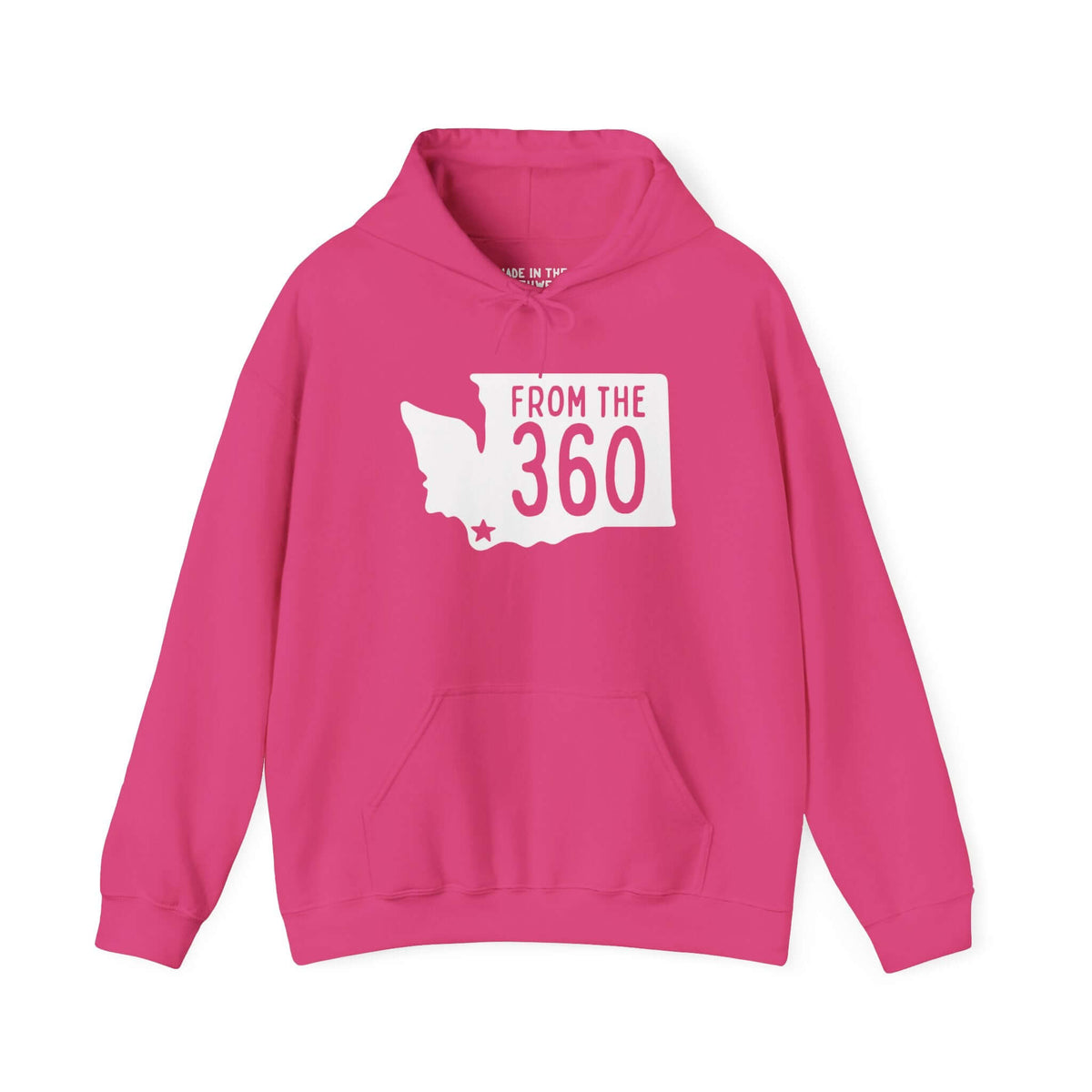 Pink hoodie featuring Washington state silhouette and bold 'From the 360' text, perfect for local pride.