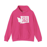 Pink hoodie featuring Washington state silhouette and bold 'From the 360' text, perfect for local pride.