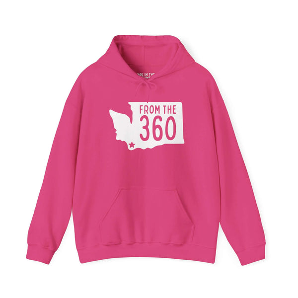 Pink hoodie featuring Washington state silhouette and bold 'From the 360' text, perfect for local pride.