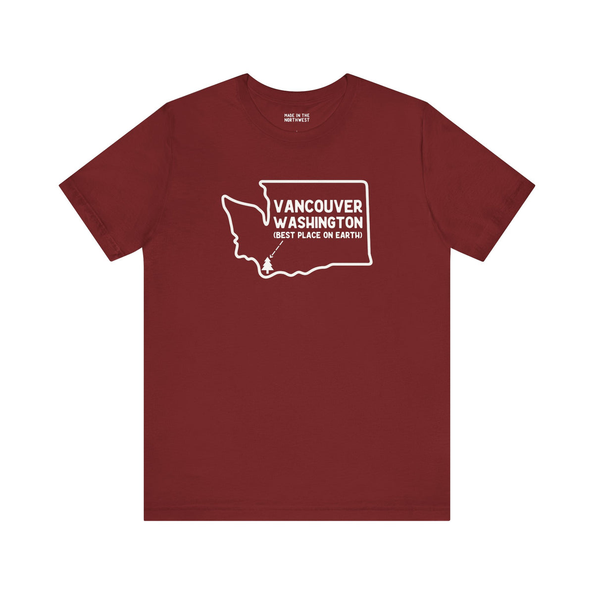 Maroon tee featuring 'Vancouver Washington Best Place on Earth' text and state outline design.