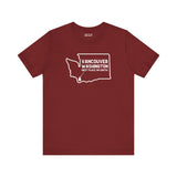 Maroon tee featuring 'Vancouver Washington Best Place on Earth' text and state outline design.