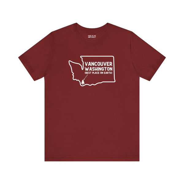Maroon tee featuring 'Vancouver Washington Best Place on Earth' text and state outline design.