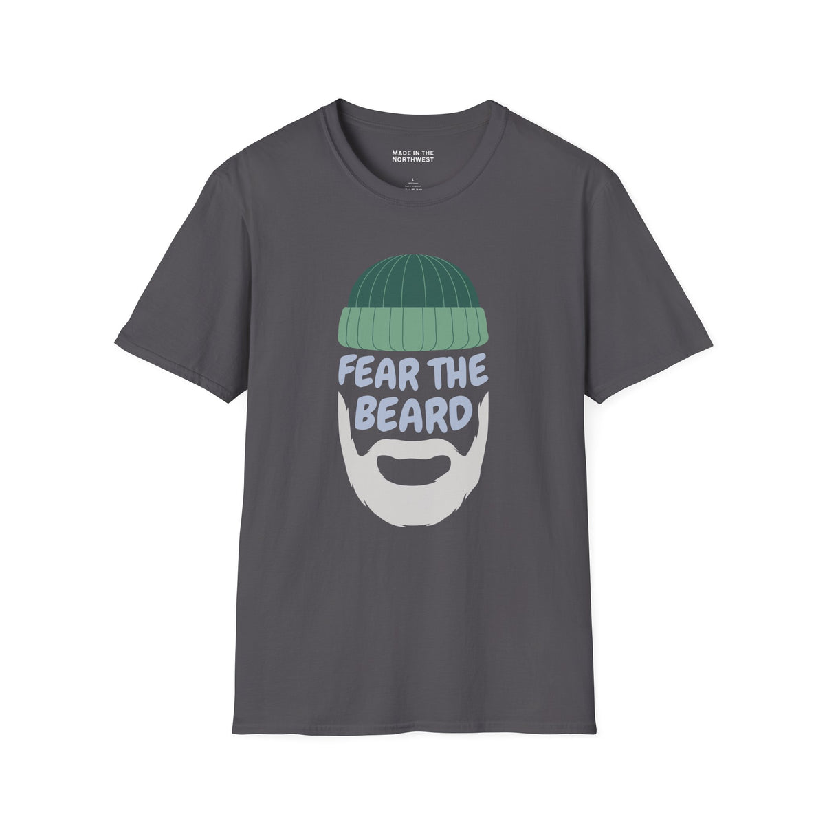 Fear the Beard Lumberjack Softstyle T-Shirt featuring a playful beard graphic and text design.