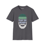 Fear the Beard Lumberjack Softstyle T-Shirt featuring a playful beard graphic and text design.