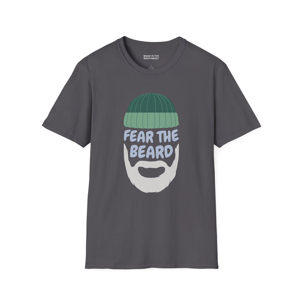 Fear the Beard Lumberjack Softstyle T-Shirt featuring a playful beard graphic and text design.