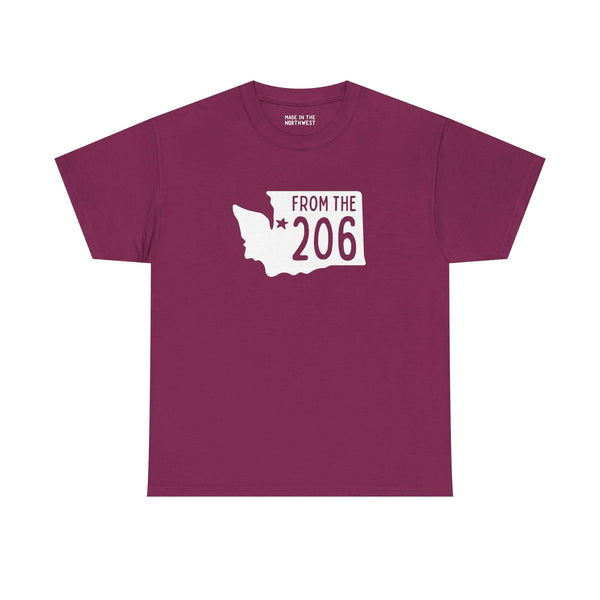 From the 206 Washington State athletic tee in burgundy, featuring Seattle map with star design.