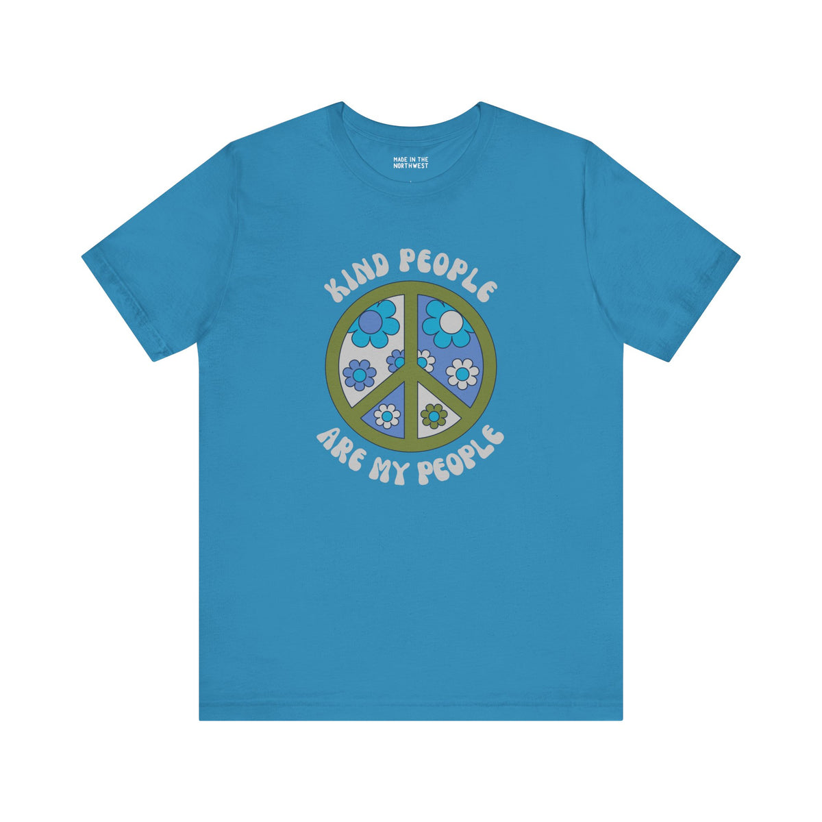Kind People Are My People premium soft tee featuring a groovy floral peace sign design in blue.