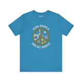 Kind People Are My People premium soft tee featuring a groovy floral peace sign design in blue.