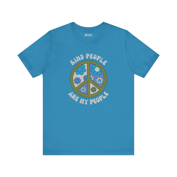 Kind People Are My People premium soft tee featuring a groovy floral peace sign design in blue.
