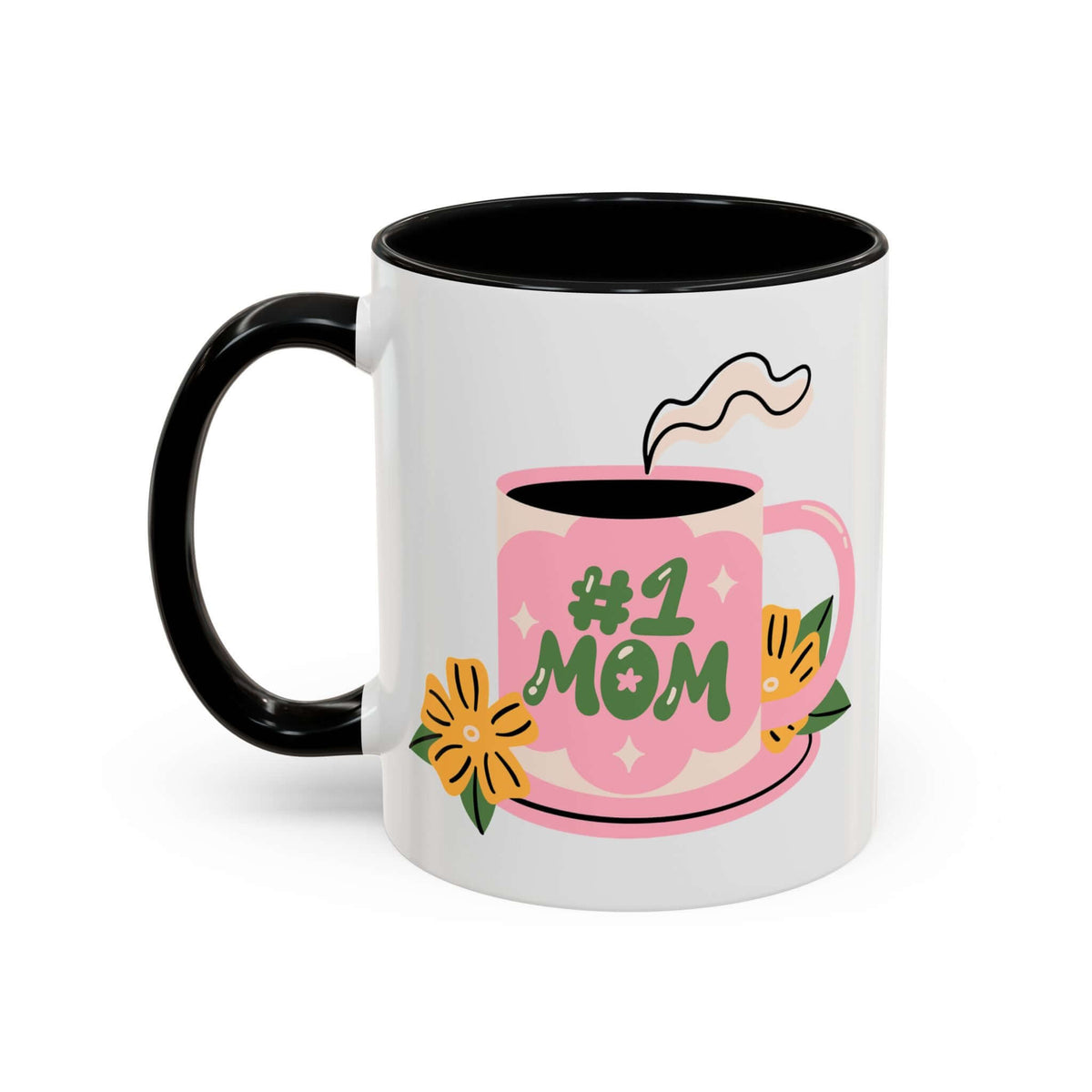 Number One Mom Mug with cheerful floral design and steaming coffee, perfect for celebrating mothers.