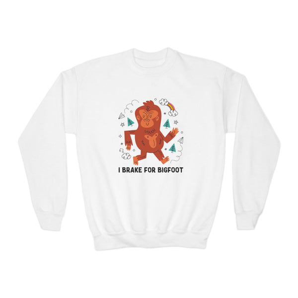 Kids cozy sweatshirt featuring playful Bigfoot design with text "I Brake for Bigfoot" for young adventurers.