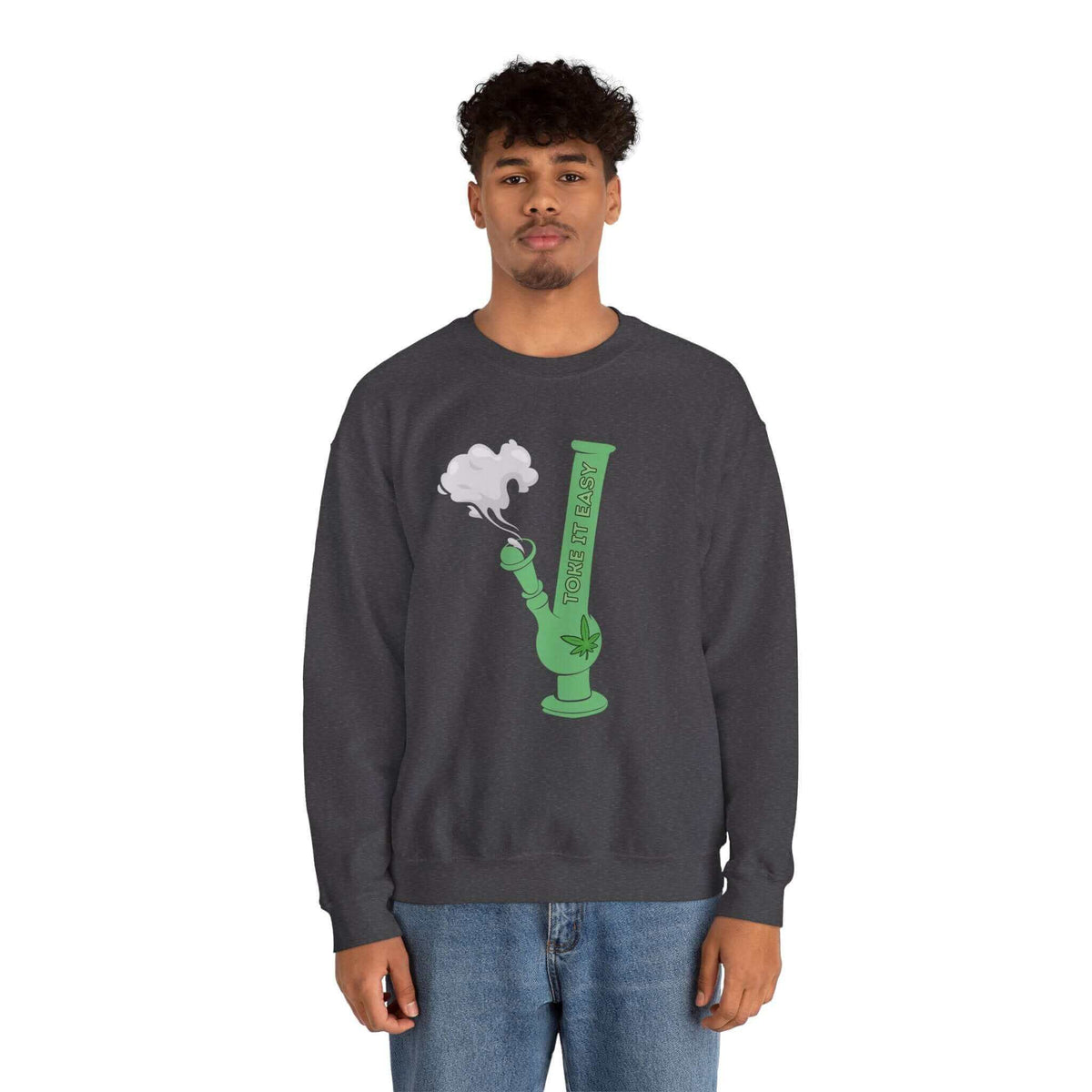 "Model wearing Toke It Easy sweatshirt with green bong and marijuana leaf graphic, embracing the PNW cannabis culture"