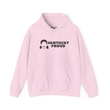 Vantucky Proud Rusty McCoy cozy hoodie in light pink featuring bold print and front pocket.