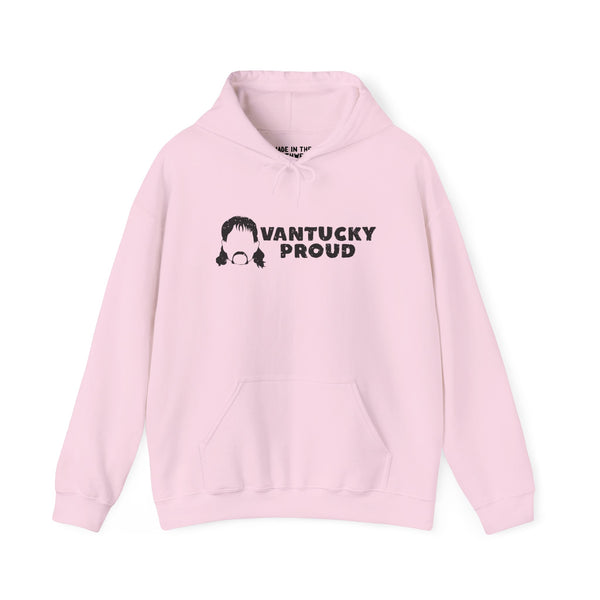 Vantucky Proud Rusty McCoy cozy hoodie in light pink featuring bold print and front pocket.