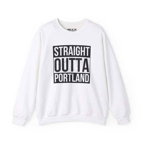 White sweatshirt featuring "Straight Outta Portland" text in bold streetwear style, showing city pride and iconic design influence.