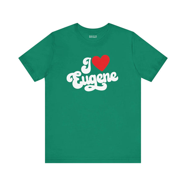 I love Eugene t shirt in vibrant green with playful cursive design featuring a heart.