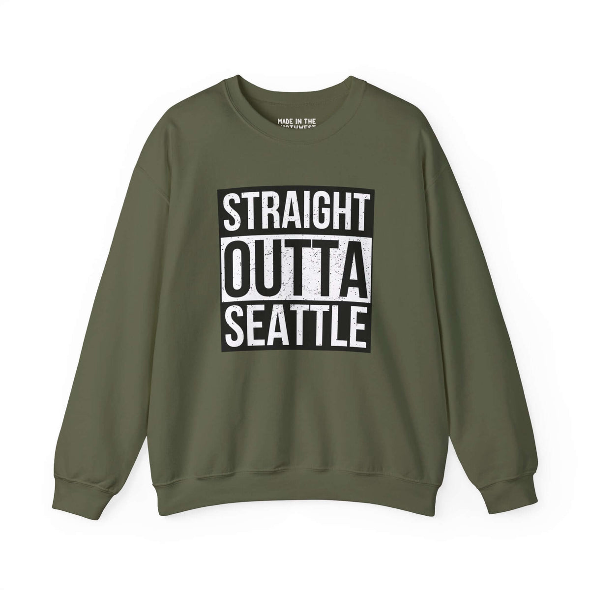 Olive green "Straight Outta Seattle" sweatshirt showcasing bold city pride and streetwear style.