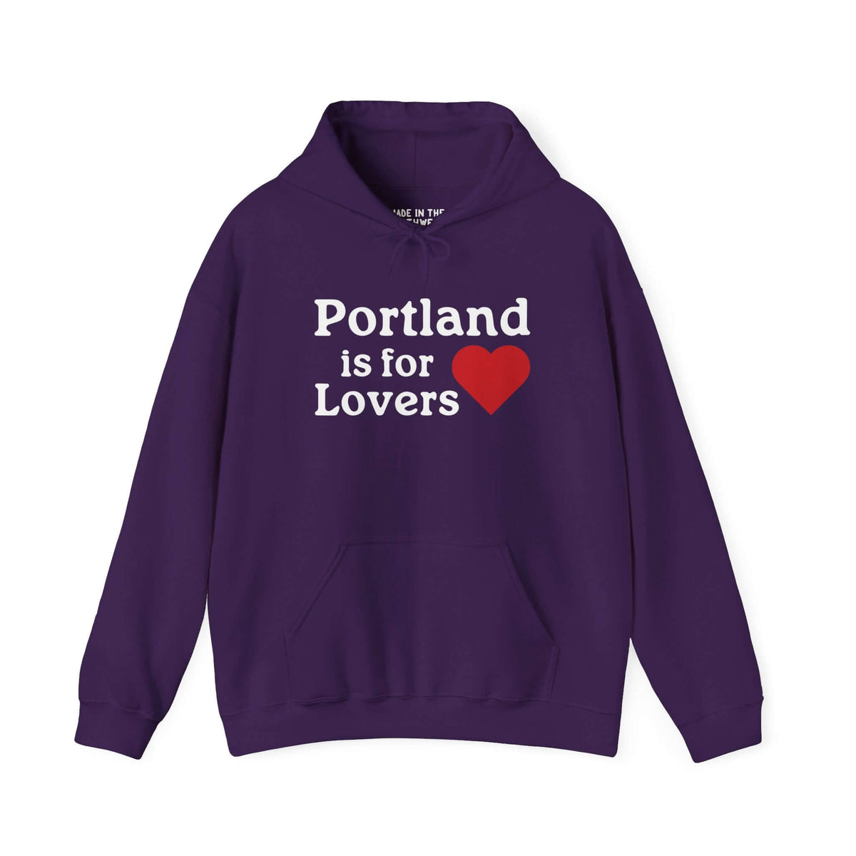 "Portland is for Lovers purple hoodie with heart design celebrating Rose City charm, perfect for locals and visitors showing PDX pride."