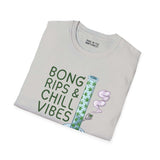 Bong Rips & Chill Vibes softstyle t-shirt featuring colorful bong graphic, perfect for relaxing and laid-back days.