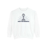 Save the Manuals Sweatshirt featuring an embroidered stick-shift graphic on a white background.