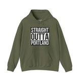 Straight Outta Portland hoodie with bold text design, olive green sweatshirt showcasing local pride and streetwear style.