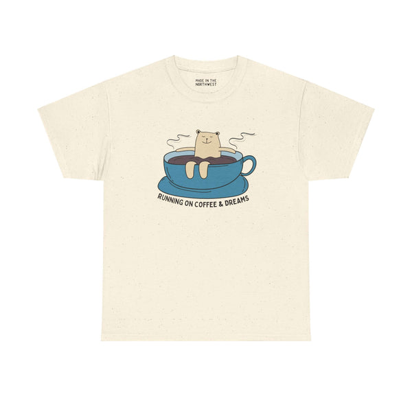 "Running on Coffee and Dreams Athletic Tee with bear in coffee cup design, perfect for coffee lovers and PNW adventurers"