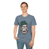 Hipster Squatch unisex t-shirt featuring Bigfoot in glasses and a beanie, perfect for stylish lovers of cryptids.